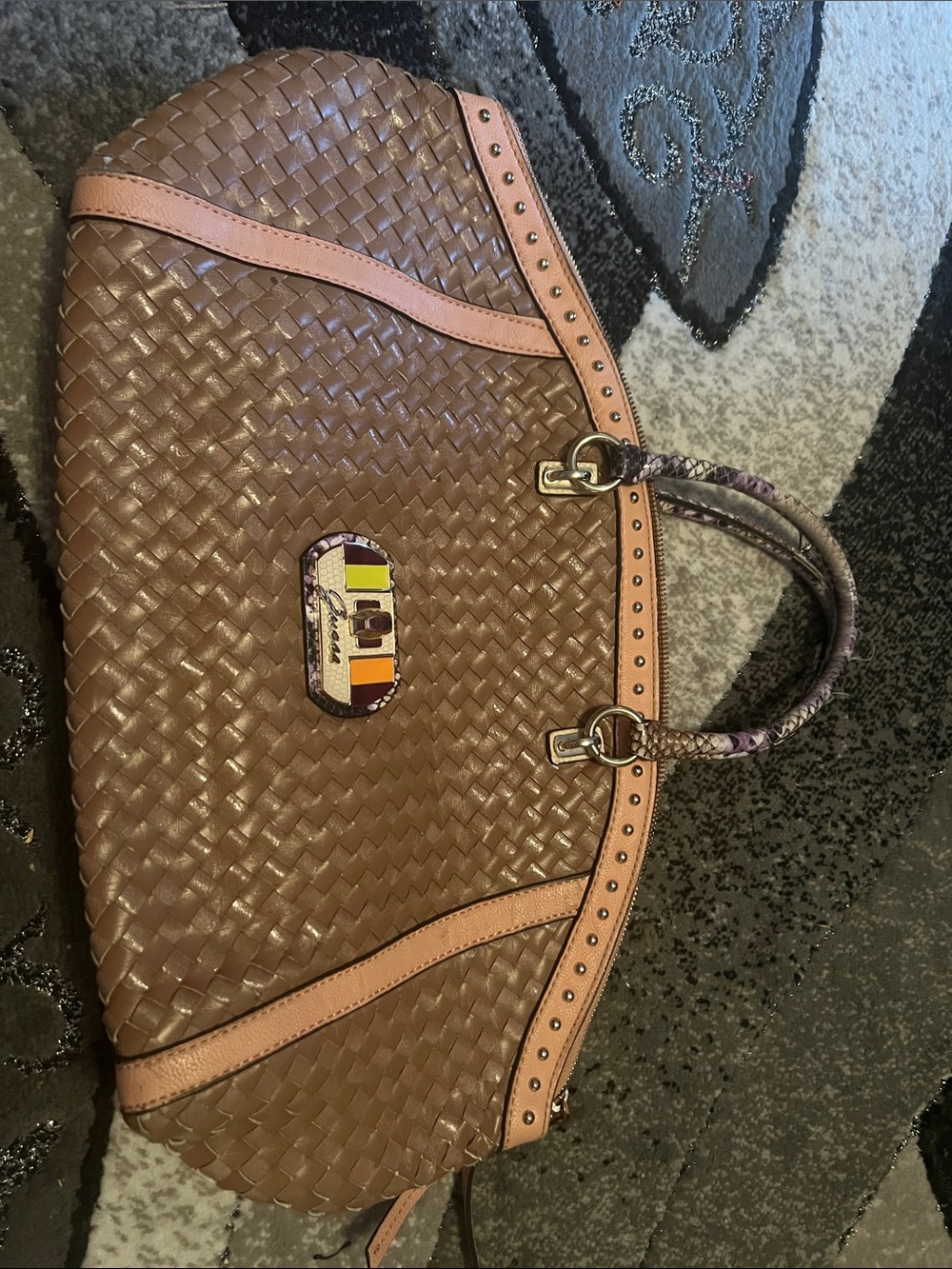 Guess Brown Woven Shoulder Bag with Pink Trim